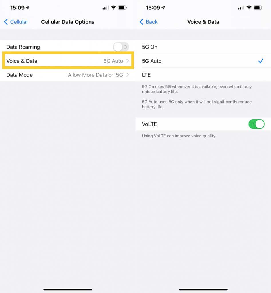 Voice and Data Settings in iOS