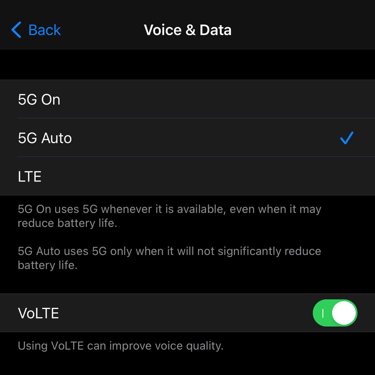 5G Settings on iPhone