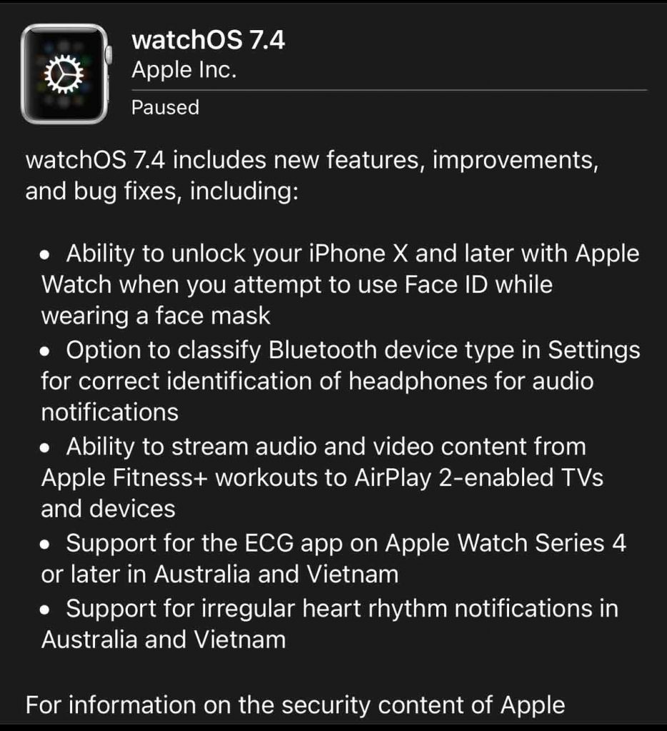 Apple WatchOS 7.4 release notes.